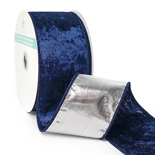 Navy Velvet with Silver Metallic Backing Wired Ribbon 2.5 Inch x 10 Yards for Christmas Tree Topper Home Decoration Wreath Gift Wrapping DIY Craft | Amazon (US)
