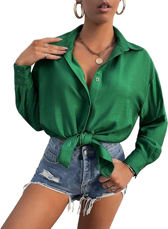 MakeMeChic Women's Casual Oversized Long Sleeve Solid Button Down Shirt Blouse | Amazon (US)