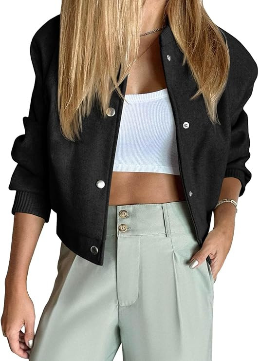 Tankaneo Womens Cropped Bomber Jacket Wool Blend Varsity Short Pea Coats Long Sleeve Button Down ... | Amazon (US)