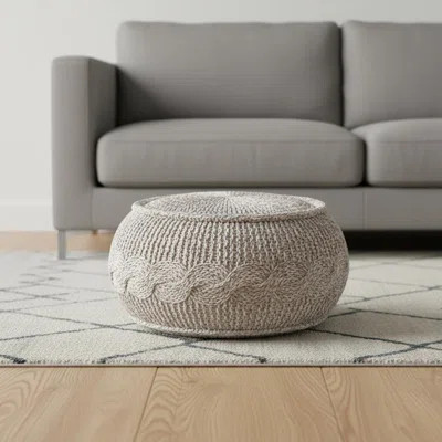 20" Beige Cotton Round Geometric Pouf Ottoman | Wayfair North America