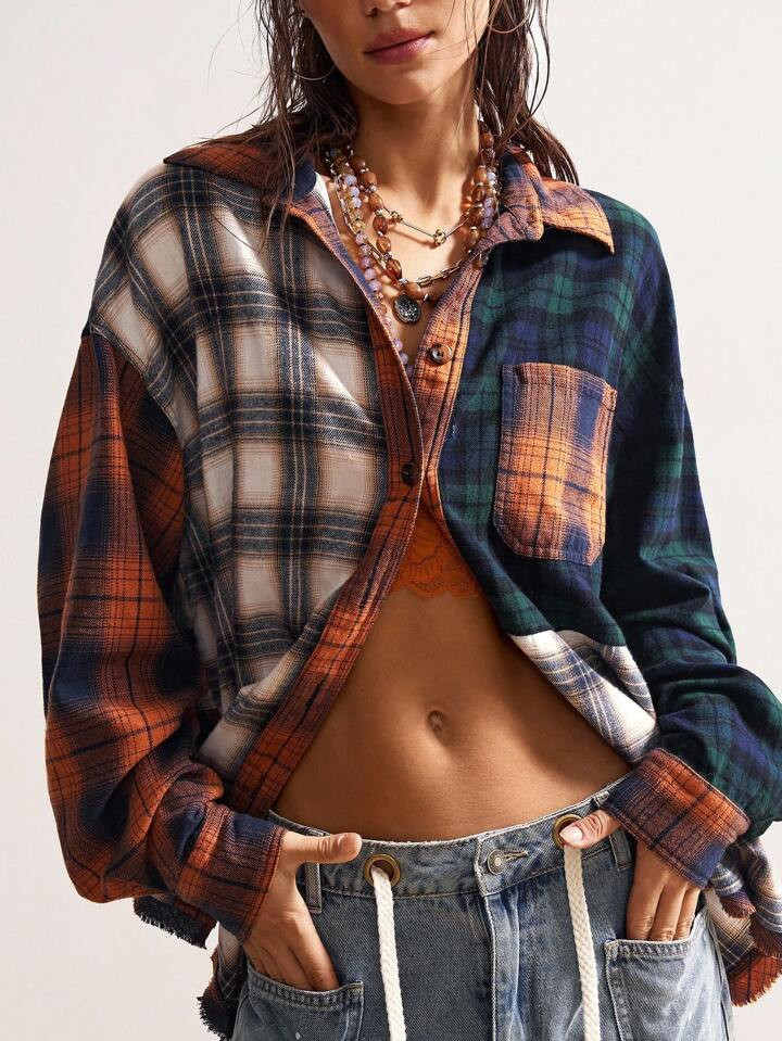 Bohemela Women Boho Casual Fall Patchwork Casual Colorful Woven Plaid Patchwork Button Up Front Loose Fitting Long Sleeve Blouse, Vintage Western Country Style Concert Vacation, Going Out, Back To Schools, Suitable For Autumn/Winter , Plaid Shirt | SHEIN