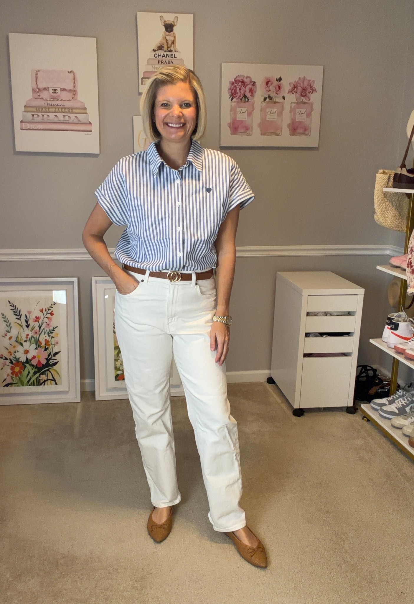 White high rise straight jeans TTS
Blue and white shirt sleeve stripped shirt TTS (L)
Flats are from Birdies

#LTKWorkwear #LTKootd #LTKOver40