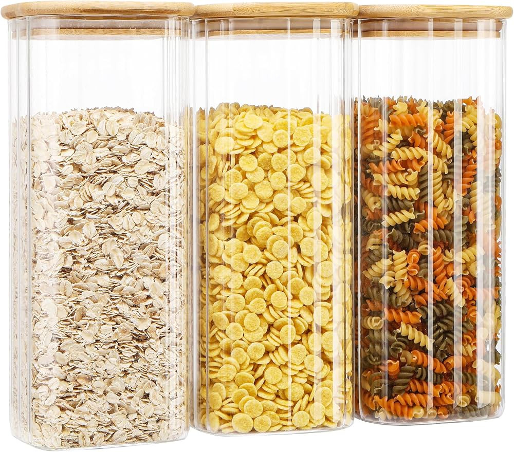 64oz Striped Glass Storage Containers with Lids,Glass Jars with Bamboo Lids - Set of 3 Square Foo... | Amazon (US)