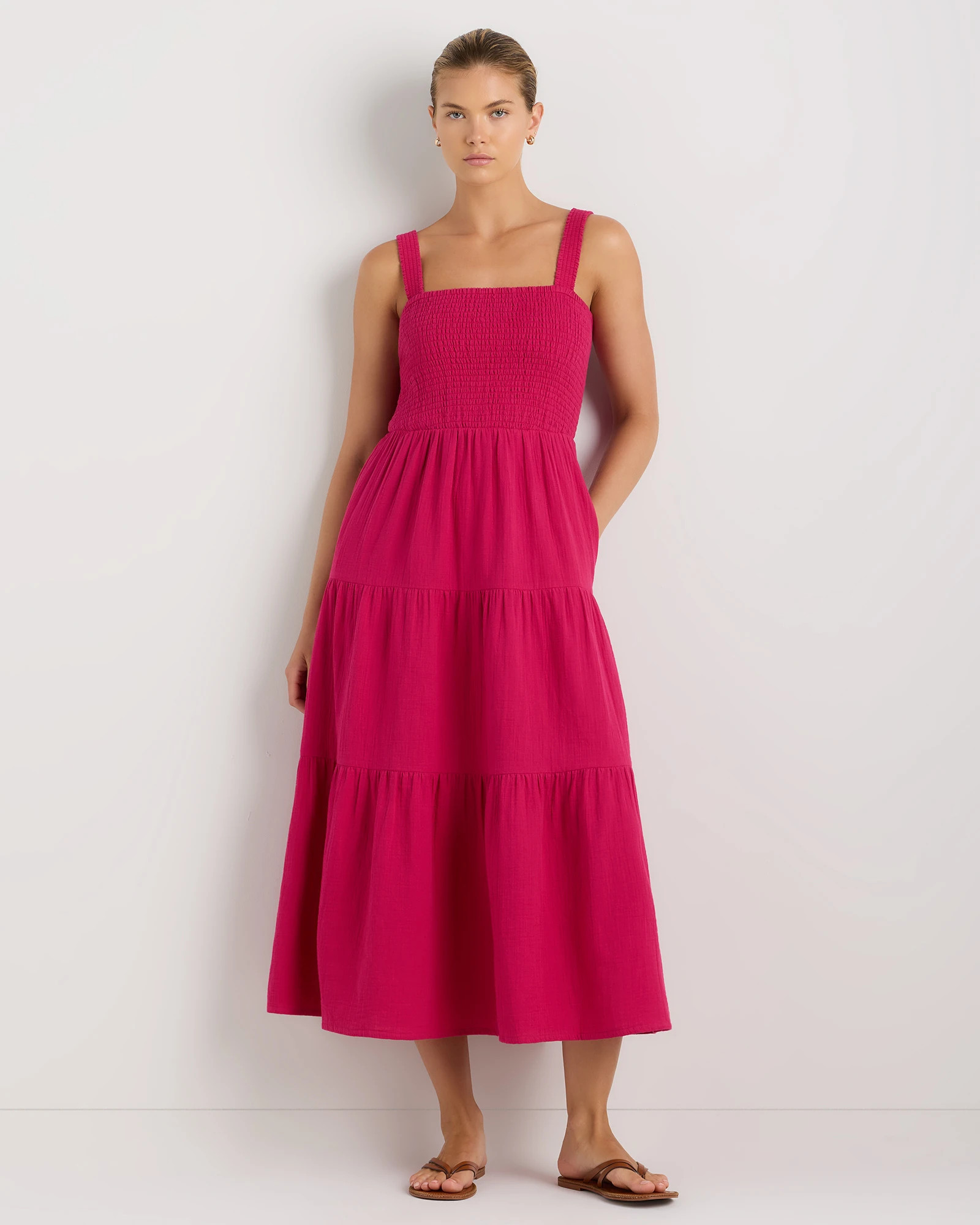 Quince | Women's Gauze Smocked Sleeveless Maxi Dress in Wild Cherry, Size Small, Organic Cotton | Quince