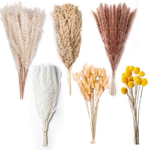 100PCS Natural Dried Pampas Grass Decor - 17.5" Fluffy Pampas Grass Bouquet - Boho Home Decor Dried Flowers for Wedding Floral Room Home Party Table Decorations | Amazon (US)