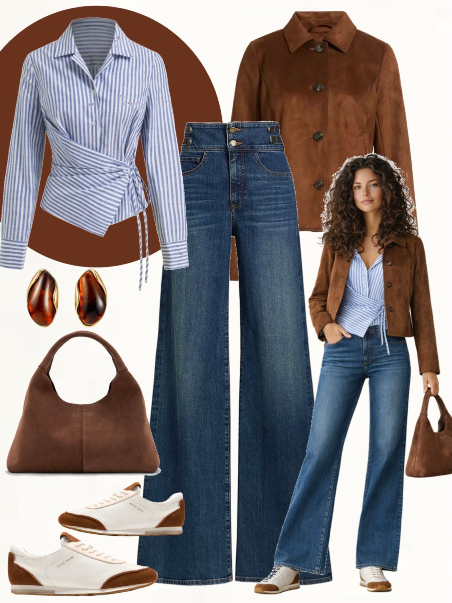 Blue and white striped wrap blouse paired with dark wash wide-leg jeans and a brown suede jacket. Completed with white and brown sneakers, a brown leather shoulder bag, and statement earrings for a relaxed but put-together vibe.
#casualchic #jeansoutfit #springlooks

#LTKootd #LTKSeasonal #LTKOver40