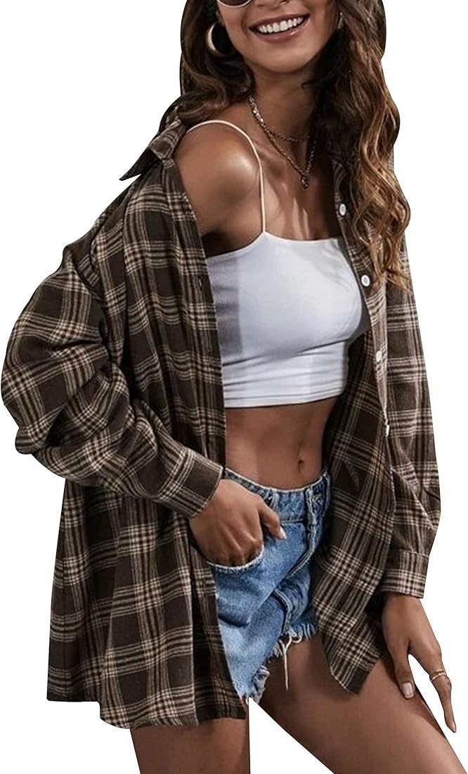 HangNiFang Womens Flannel Plaid Shirts Oversized Button Down Shirts Blouse Tops | Amazon (US)
