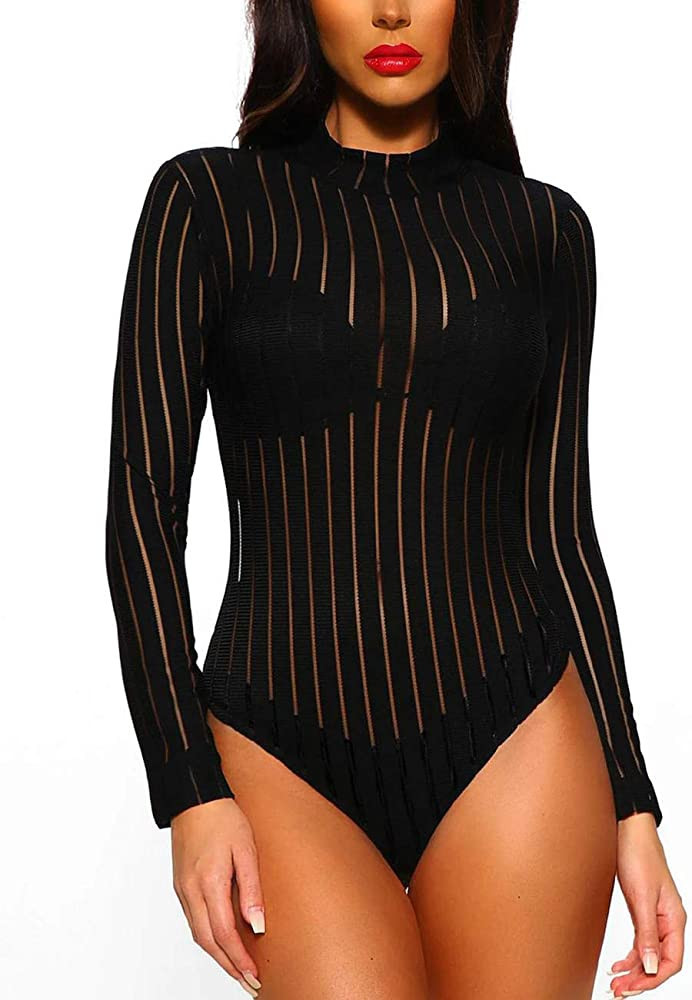 Lrady Women's Sheer Mesh Turtleneck Neck See Through Leotard Bodysuit Body Tops | Amazon (US)