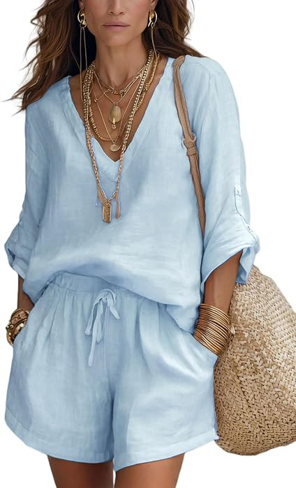 QIBABU Womens Cotton Linen Shorts Sets Summer V Neck Roll Up Long Sleeve Top and Shorts 2 piece B... | Amazon (US)