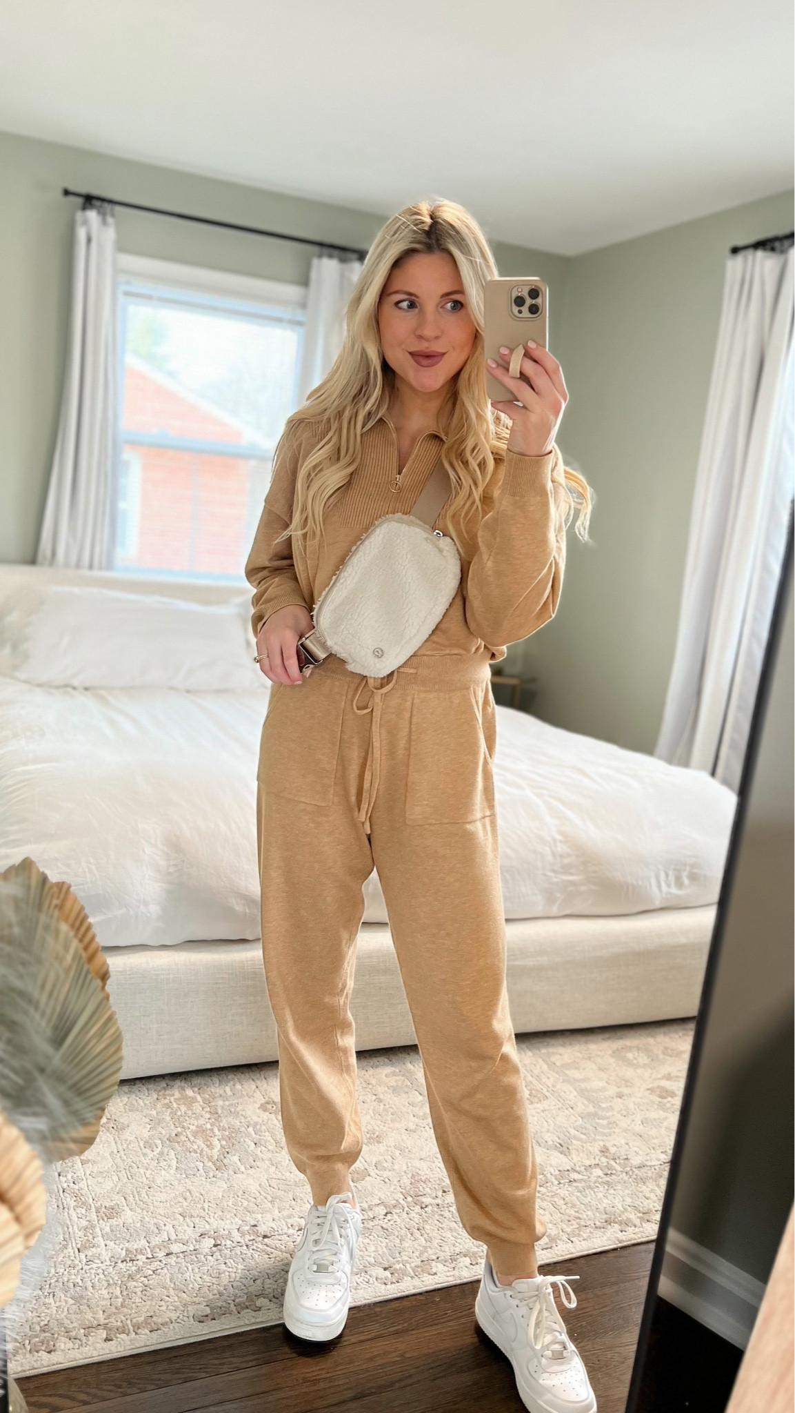 Vici jumpsuit, lululemon Sherpa belt bag, Air Force ones 