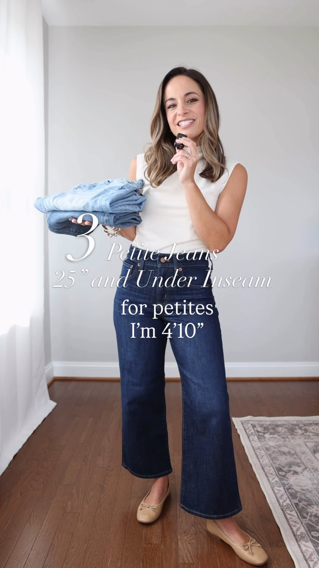 Three pairs of jeans with a 25” and under inseam for petites! 

J.Crew Factory Cropped Wide Leg 

Petite 24 - 10” rise 24.5” inseam 
Classic 24 - 10” rise 26.5” inseam 

J.Crew Slim Wide 

Petite 24 - 10” rise 25” inseam (runs small) 
Classic 24 - 11” rise 27” inseam (true to size) 

AE Stovepipe 

00 short - 9” rise 27” inseam 
X short - 25” inseam 

Top (Quince): xs - exact color not available 
Shoes (Sam Edelman): true to size 

Petite jeans, jeans review

#LTKPetite