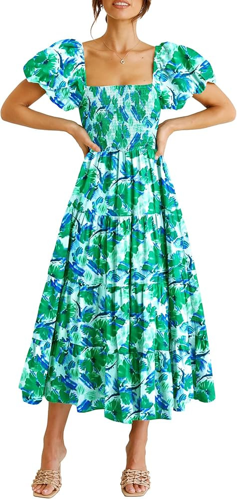PRETTYGARDEN Women's Casual Summer Midi Dress Puffy Short Sleeve Square Neck Smocked Tiered Ruffl... | Amazon (US)
