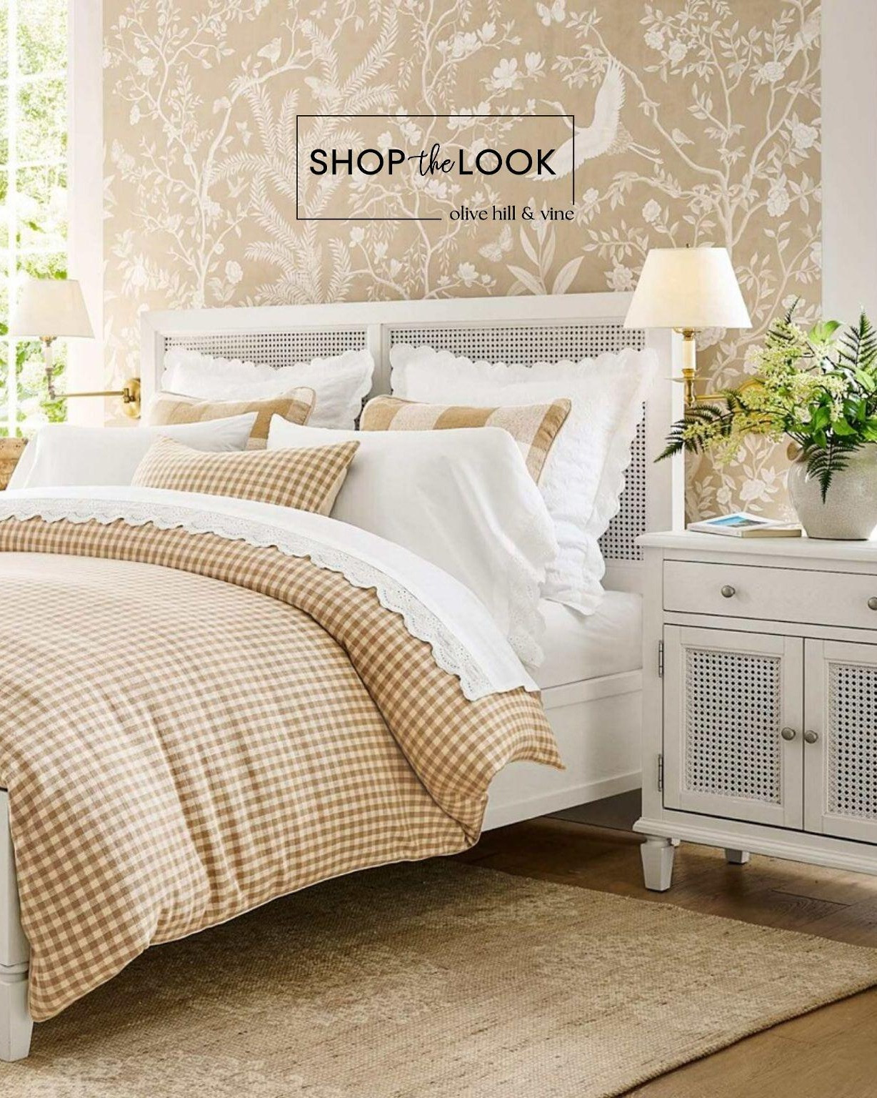 Soft gingham, woven cane, botanical wallpaper, and layered neutrals make this bedroom feel fresh, timeless, and inviting. Every detail works together to create a light-filled retreat that's equal parts relaxed and refined.

#LTKHome