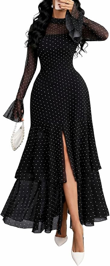 GothDark Women's Polka Dot Mesh Maxi Dress Long Sleeve A-Line Split Ruffle Hem Semi Formal Weddin... | Amazon (US)
