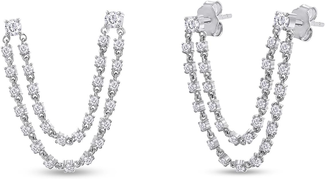 Double Piercing Dangle Chain Studs Earrings for Women With 1Ctw Moissanite | Amazon (US)