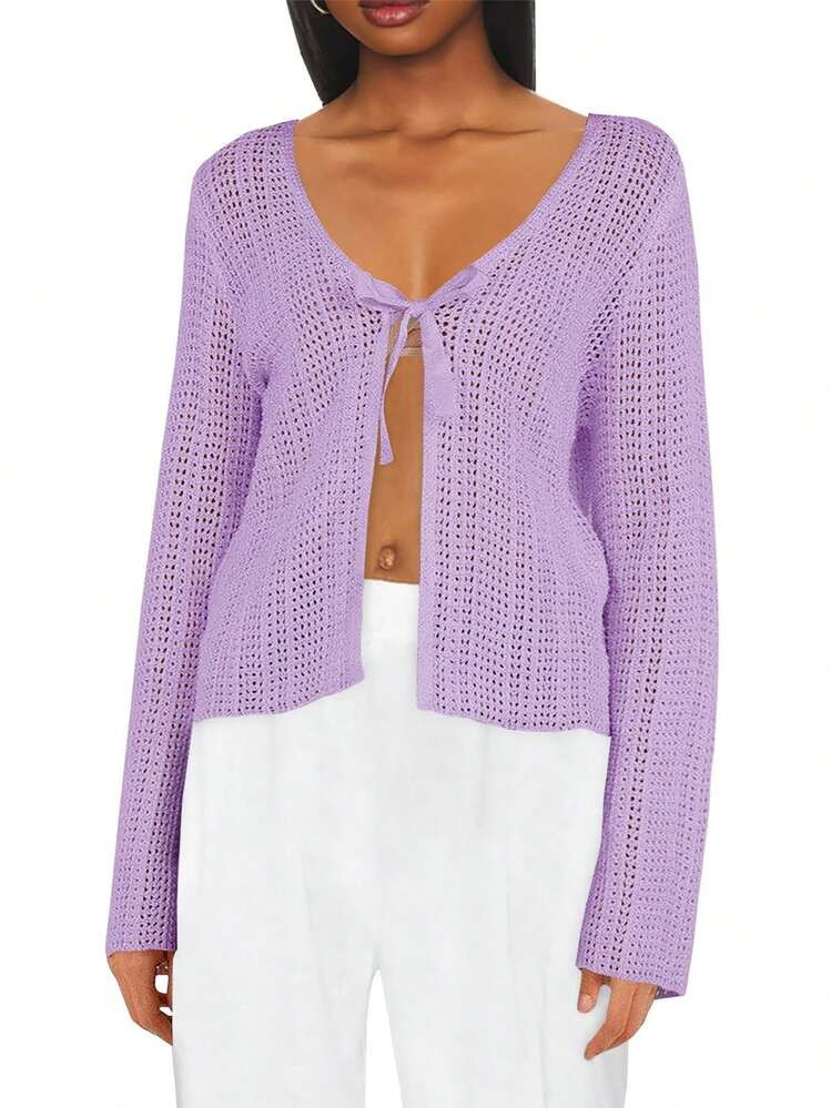 Womens Crochet Cardigan Tie Front Lightweight Mesh Knit Long Sleeve Beach Cover Up | SHEIN