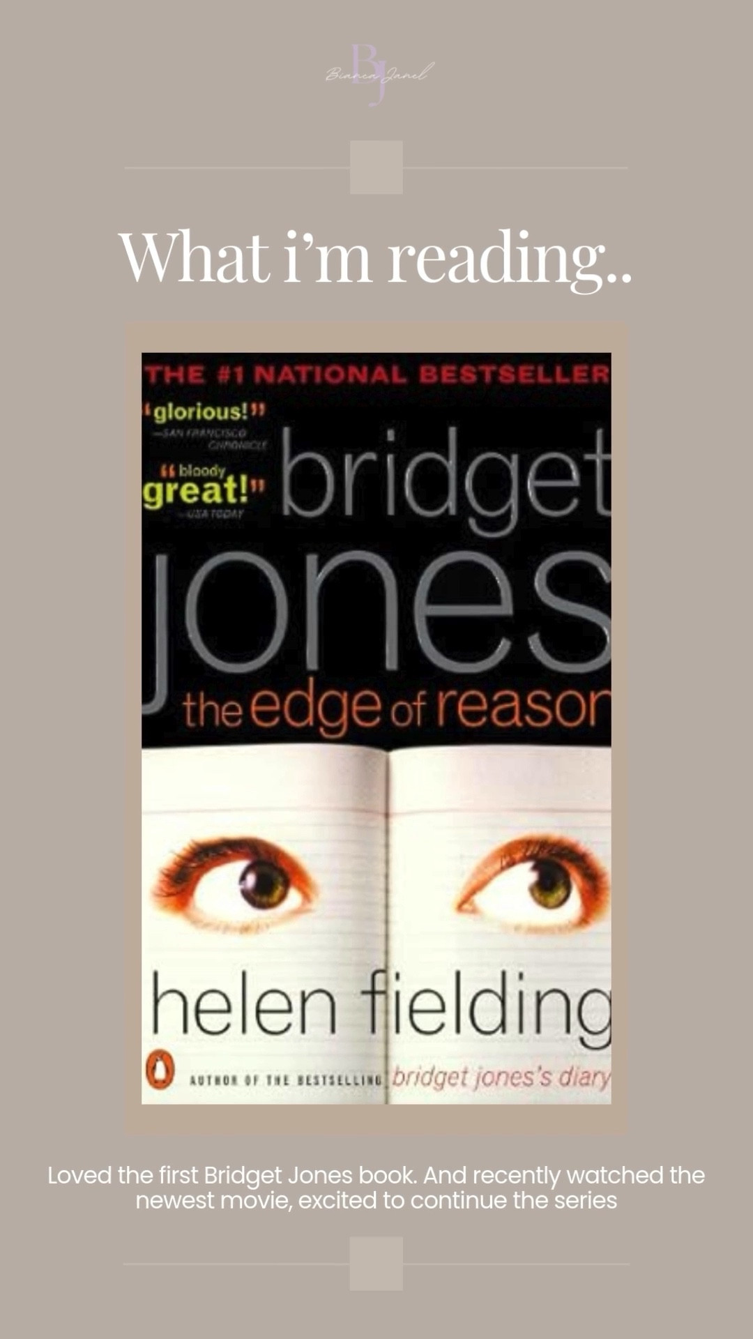 Currently reading Bridget Jones: The Edge of Reason and loving every minute of it! Such a fan of this series—Bridget’s chaotic charm is unmatched. Have you read it? 📖💕

#BiancaJanel #CurrentRead #BridgetJones #LTKBookClub #ChickLit #BookLover #RomComReads #ReadingForFun #CozyReads #ClassicReads #Bookstagram #WeekendReading #LiteraryEscape #LTKFinds 

#LTKSeasonal #LTKFindsUnder50