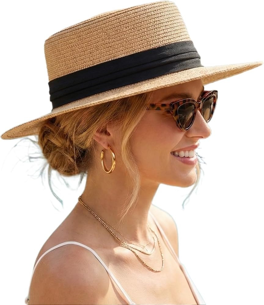 Straw Sun Hats for Women Summer Beach Wide Brim Boater Hat Fashion Travel Vacation Fedora Panama ... | Amazon (US)