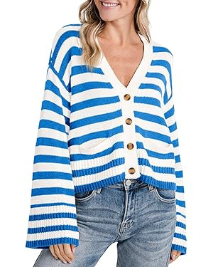 Saodimallsu Womens Striped Cardigan Sweaters Cropped Fall Button Open Front Long Sleeve Knit Swea... | Amazon (US)