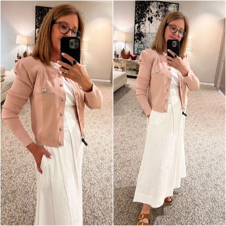 I did some shopping at Nordstrom and picked up this white dress, but I couldn't resist this new cardigan by Lagence (available in other colors, too). The blush pink is gorgeous! 

The cardigan runs a little small; I went up a size. The dress runs tts; I'm wearing an xs.  Dress up with heels or down with Birks. 

#LTKSeasonal #LTKOver40 #LTKStyleTip