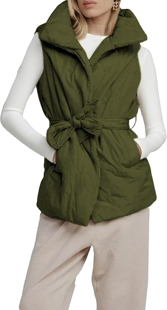 Women's Casual Quilted Puffer Vest Sleeveless Stand Collar Jacket with Waist Belt | Amazon (US)