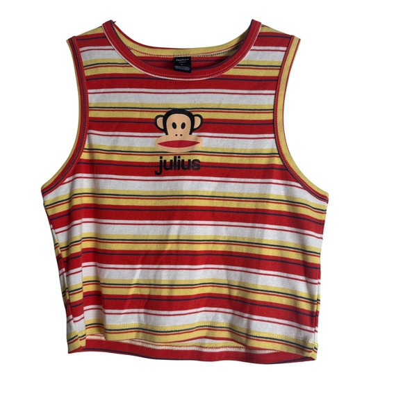 Paul Frank Julius Monkey Striped Crop Tank Top Juniors Size L Red Yellow White | Poshmark