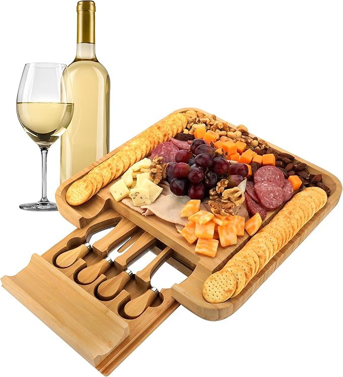 ROYAL HOUSE Unique Bamboo Cheese Board and Knife Set -Serving Tray for Crackers, Meat, and Wine -... | Amazon (US)
