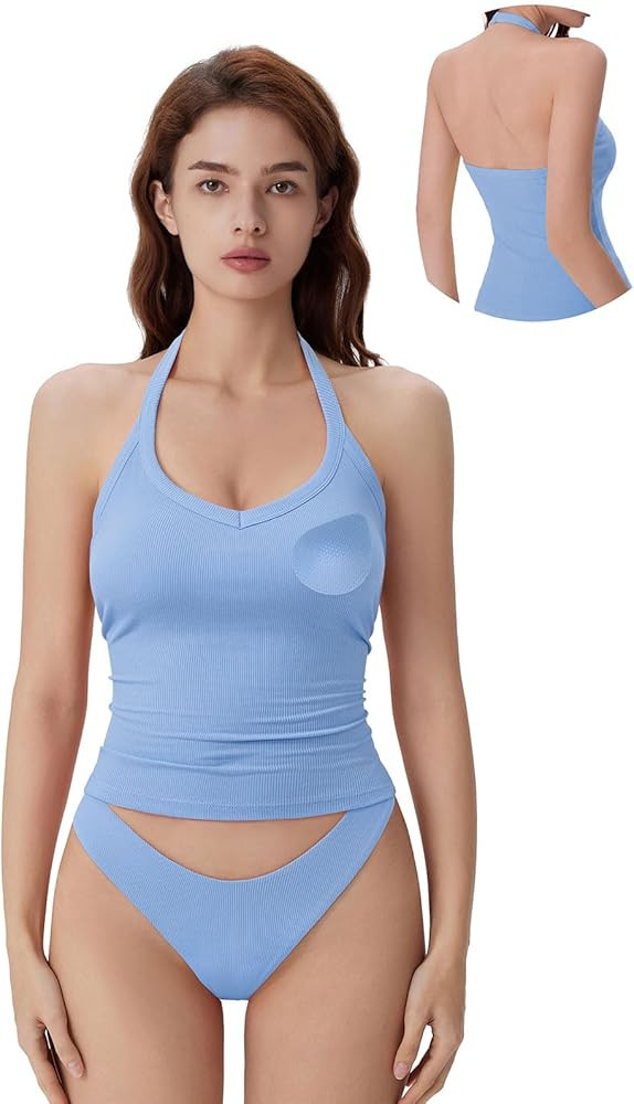 SUUKSESS Halter Tank Top for Women with Built in Bra Cotton Ribbed V Neck Cami | Amazon (US)