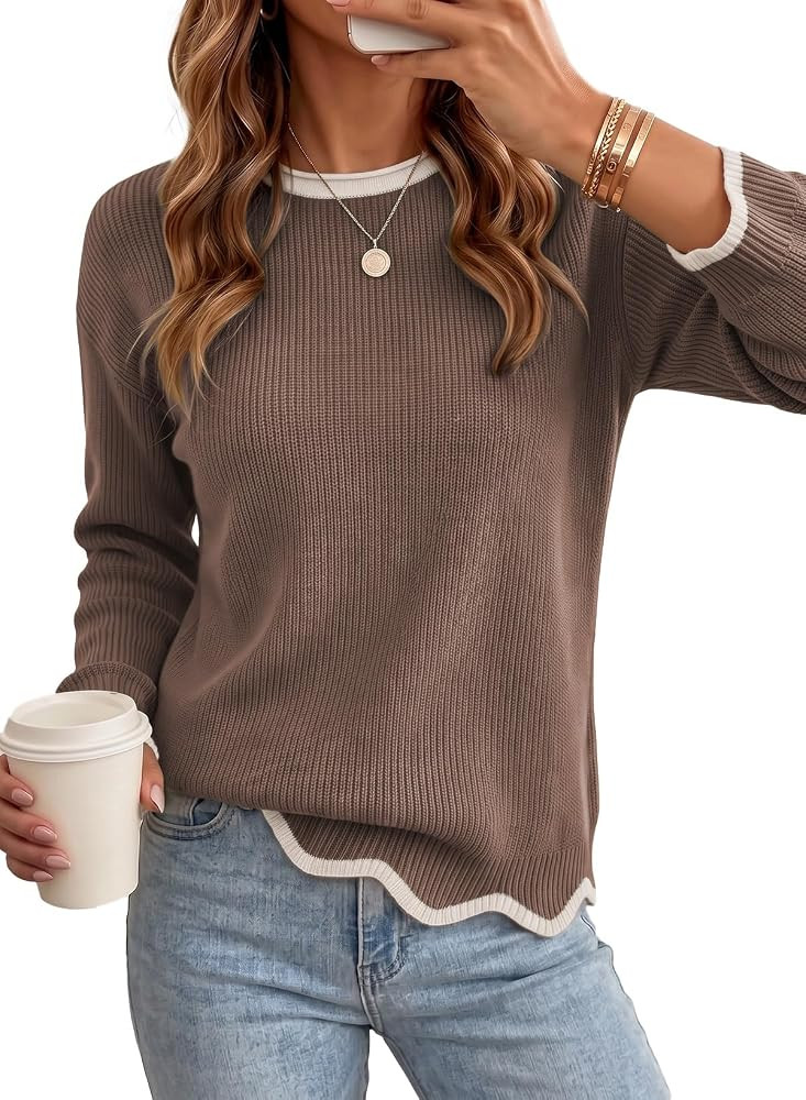 Astylish Women's Crewneck Dressy Casual Scalloped Hem Sweaters Fall Outfits | Amazon (US)