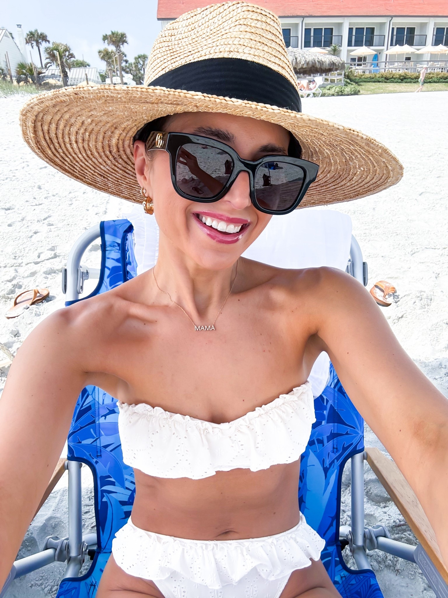My beach #ootd here! Old Navy linen blend shirt in XS petite. Old Navy beach skort in XS petite. Love this straw hat! Target mid-rise ruffled bikini in XS. Tory Burch jelly buckle slide sandals. Resort outfit. Resort wear. Vacation outfit. 

#LTKSwim #LTKootd #LTKfitnessgoals