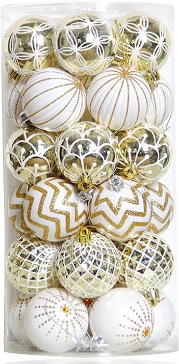 30PCS Christmas Balls Ornaments,60MM Gold&White Painted Shatterproof Festive Wedding Hanging Orna... | Amazon (US)