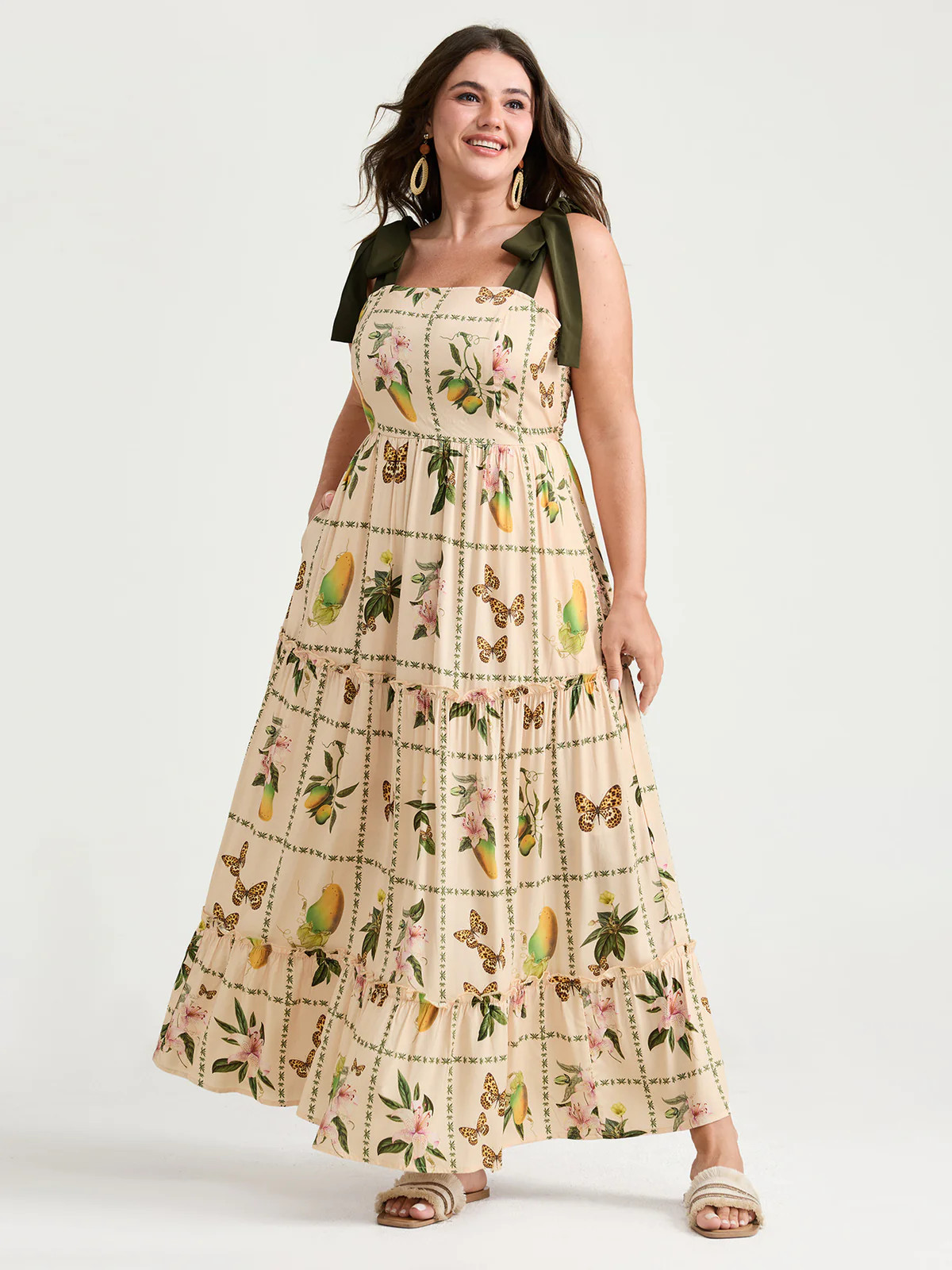 Tropical Collage Print Shoulder Tie Maxi Dress | Bloomchic