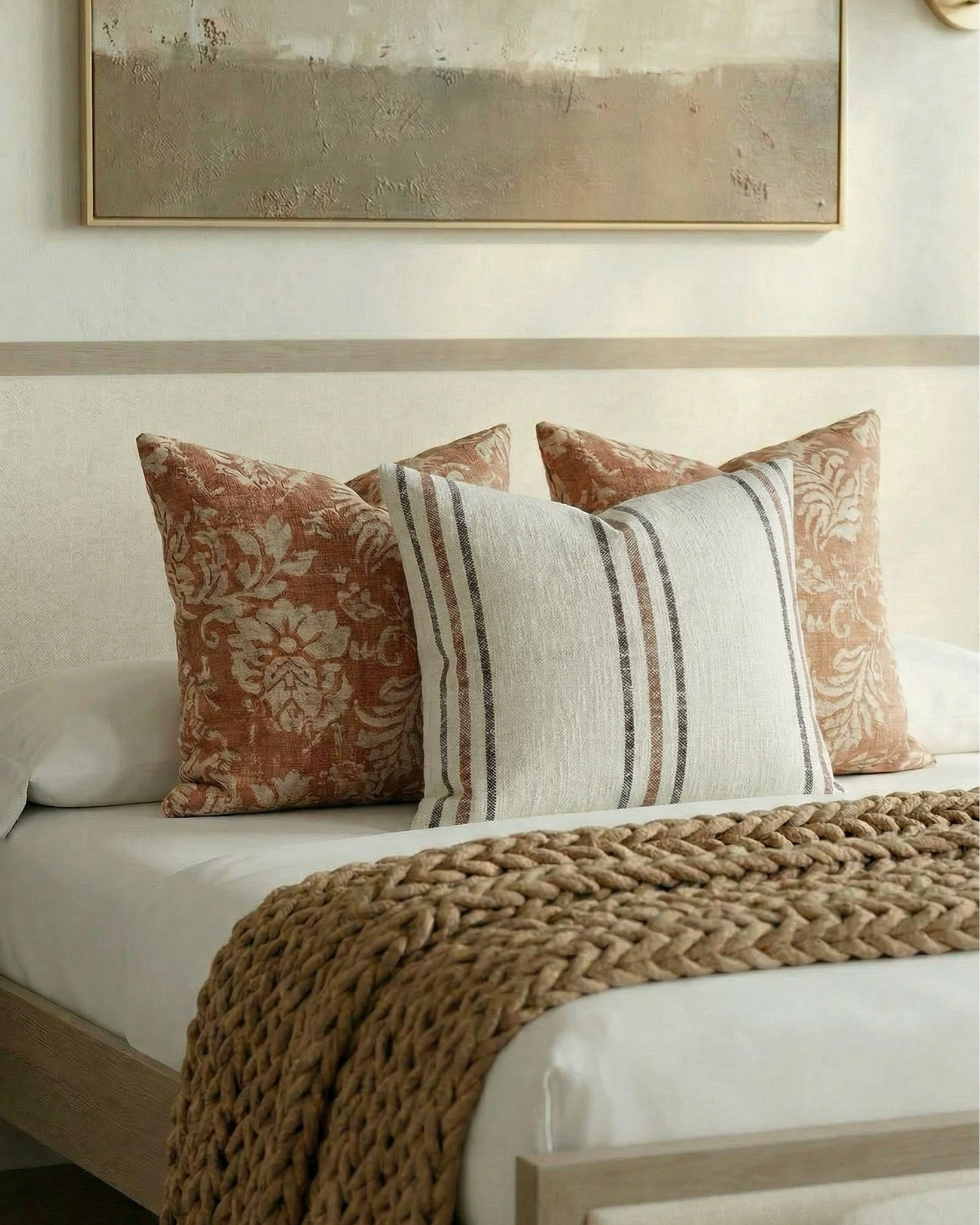 Warm neutral bedroom details 
Light wood nightstands, upholstered cream bed frame, boucle end-of-bed bench, beige textured throw blanket, neutral patterned accent pillows, white and taupe bedding set, abstract neutral wall art, gold wall sconces, arched wall niches, gold framed mirrors, ceramic table lamp with white shade, matte white decorative vase, eucalyptus stems, light wood dresser, brass floor lamp, textured area rug in muted terracotta and blue tones, round fluted wood coffee table, boucle accent chair, small marble side table, stacked coffee table books, ceramic decor accents, wood ceiling beams, herringbone light oak flooring
Modern traditional bedroom, neutral color palette, organic modern decor, cozy minimalist bedroom, high-end bedroom styling, warm earthy tones, designer bedroom inspiration, symmetrical bedroom layout, soft luxury aesthetic, calming bedroom ideas


#LTKSaleAlert

#LTKsale #LTKhome