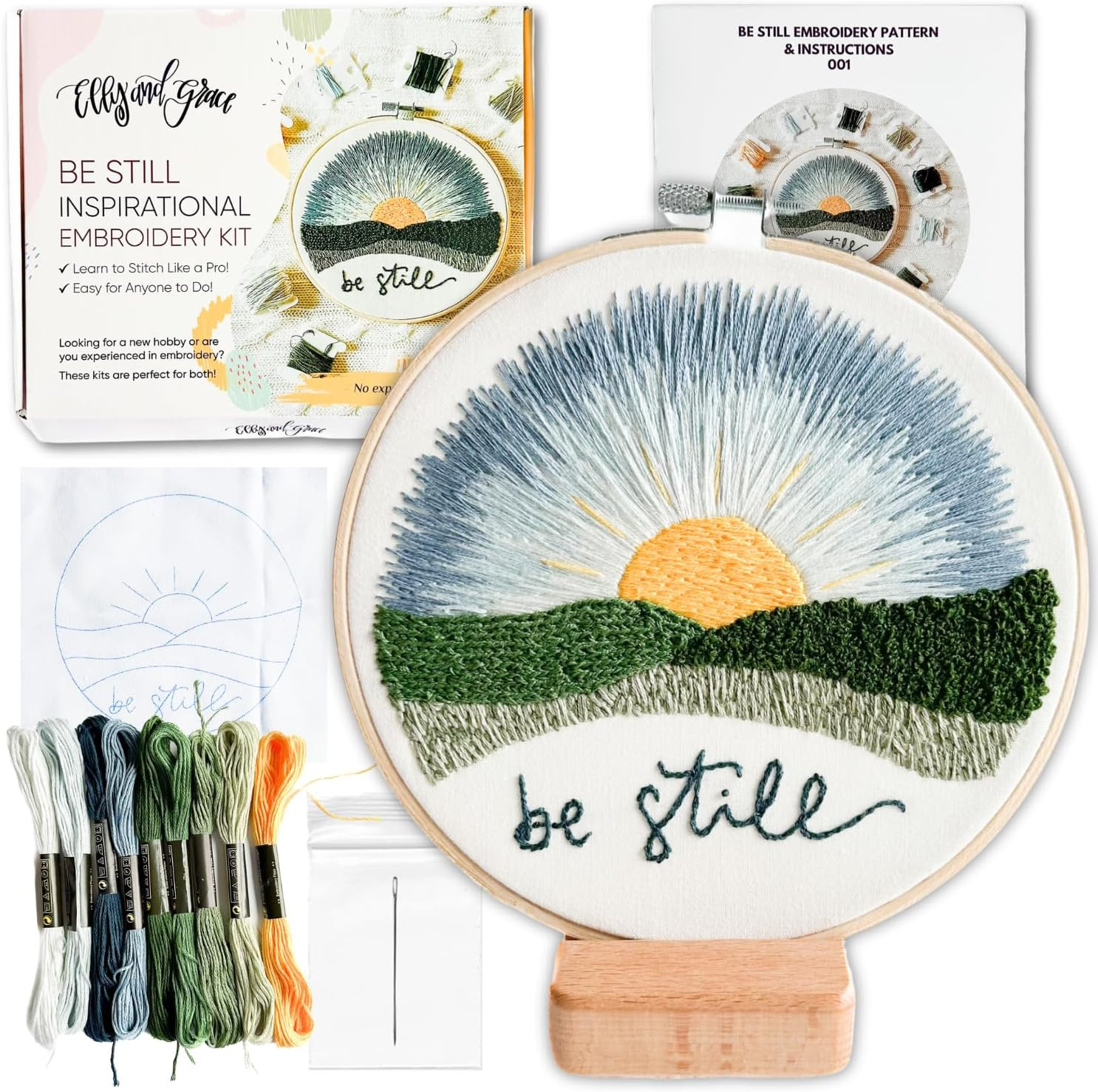 Elly & Grace Christian Embroidery Kit with Embroidery Hoop, Easy Embroidery Kit for Beginners and Adults, Full Embroidery Hoop Kit with Needles and Thread Included (Be Still) | Amazon (US)