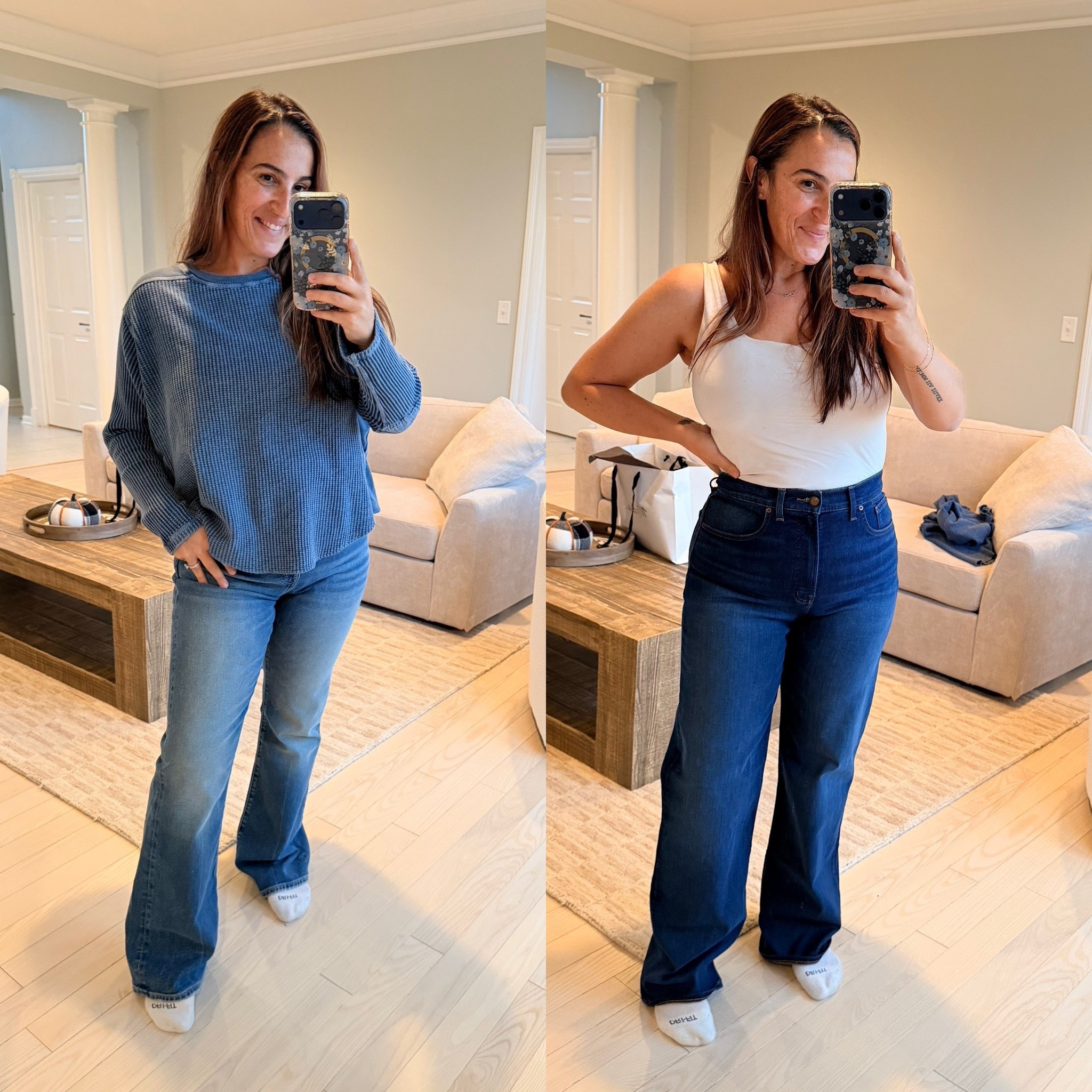 Madewell jeans Sale!
I wear a 29 in both in the standard length. The flare isn’t too stretchy. The wide leg is! Free people top runs SUPER big, I sized down 2 sizes to an xs.

#LTKSaleAlert #LTKootd #LTKOver40