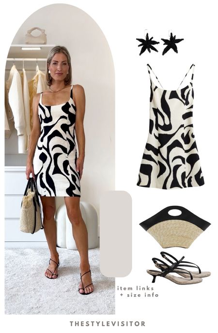 Holiday dress with black and white print, open back, wearing size xs. Does run a bit small so read the size reviews.

‼️Don’t forget to tap 🖤 to add this post to your favorites folder below and come back later to shop

Make sure to check out the size reviews/guides to pick the right size

Holiday look, summer outfit, tan accessories, beach look, beach outfit