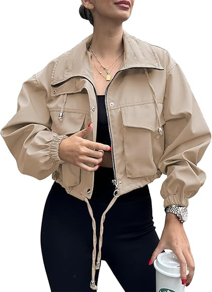 Tankaneo Womens Cropped Jacket Zip Up Lightweight Oversized Utility Anorak Coat with Pockets | Amazon (US)