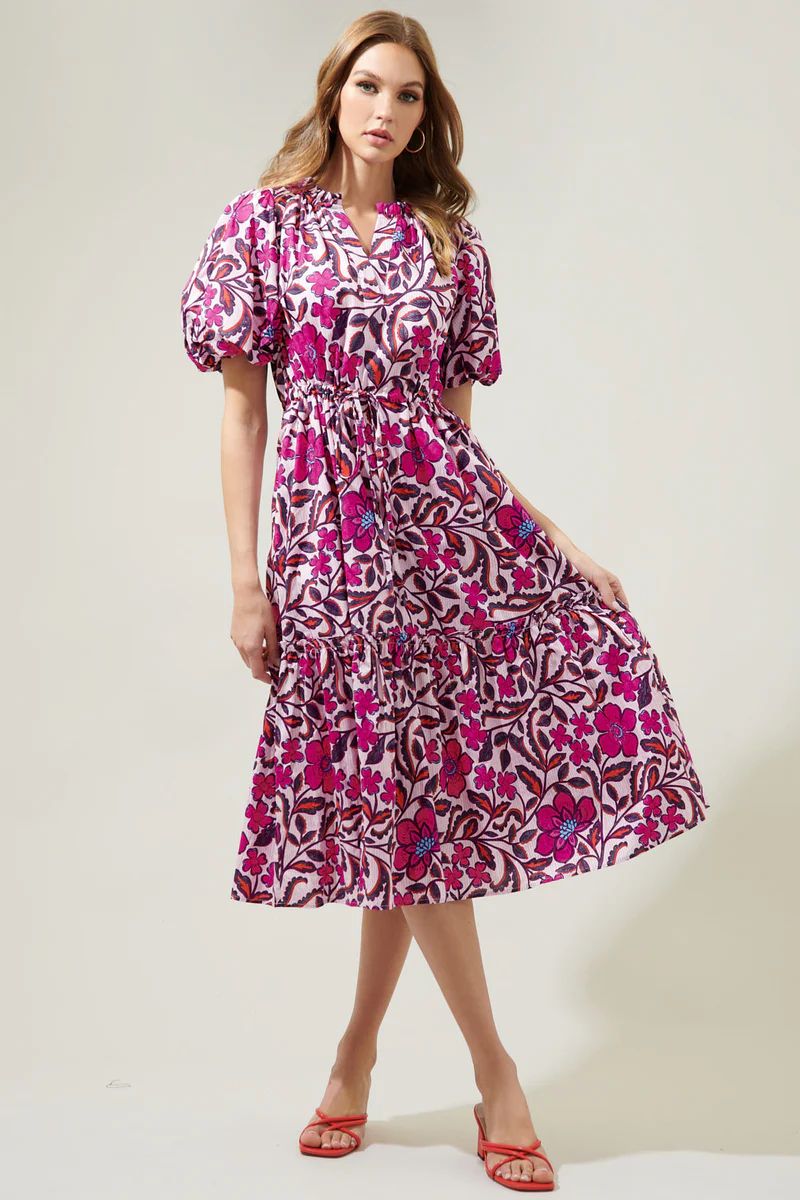 Aubrey Floral Ginny Bubble Sleeve Midi Dress | Sugarlips