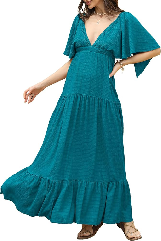 Kikibell Women Summer Dresses Sexy V-Neck Maxi Dress Tiered Silhouette with Flutter Sleeve Backle... | Amazon (US)