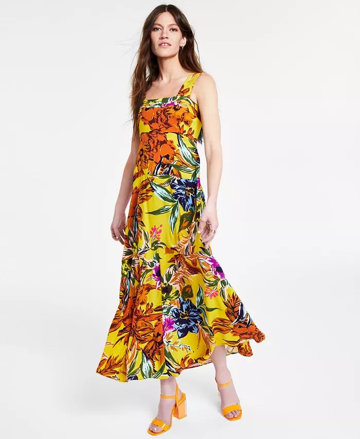 Women's Printed Tiered Smocked-Back Challis Maxi Dress | Macys (US)