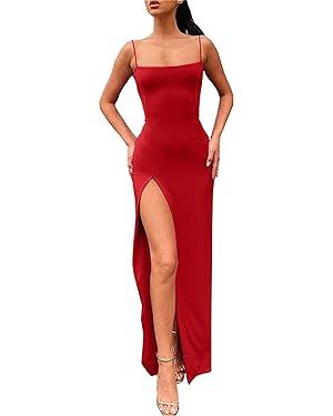 PRIMODA Women's Spaghetti Strap Backless Thigh-high Slit Bodycon Maxi Long Dress Club Party Dress | Amazon (US)