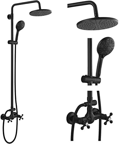 Wall Mounted Exposed Matte Black Rain Shower System Set 2 Cross Knobs Mixing 8 Inch Rainfall Shower  | Amazon (US)