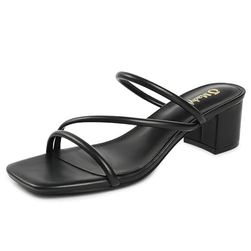 O.Madyles Strappy Heels For Women, Black Square Toe Low Chunky Block heeled Sandals Slip On Slides Mules for Dressy Casual Summer Size 6 | Amazon (US)