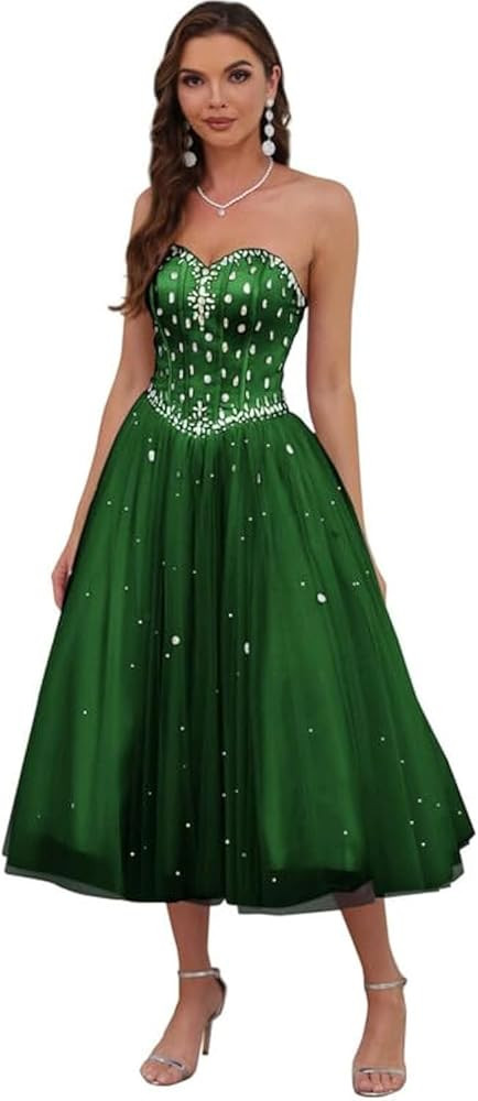 Women's Strapless Tea Length Prom Dress, Tulle Ball Gown with Crystal Beading, Corset Back, Sweet... | Amazon (US)