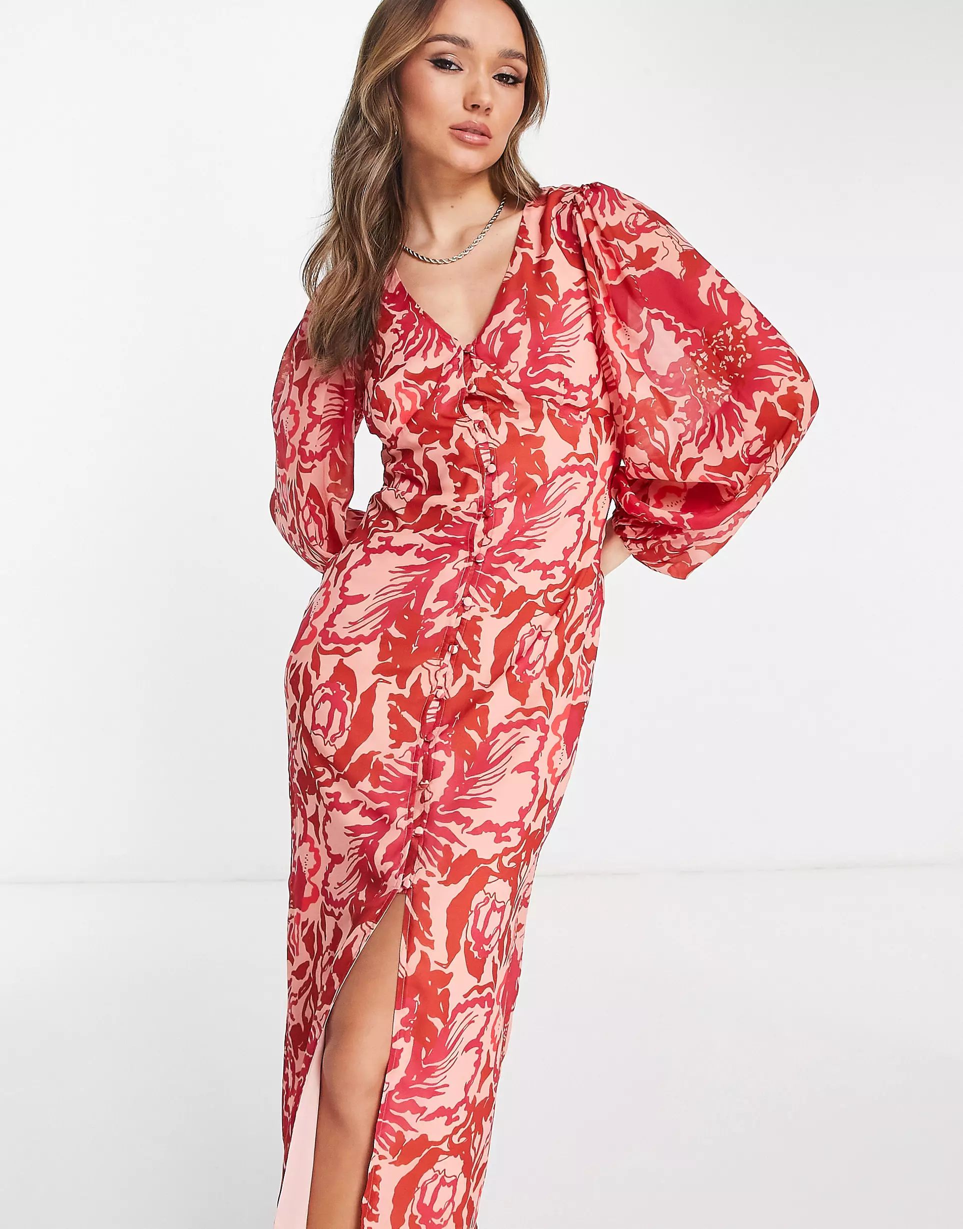 Pretty Lavish balloon sleeve button midaxi dress in red and pink floral | ASOS (Global)