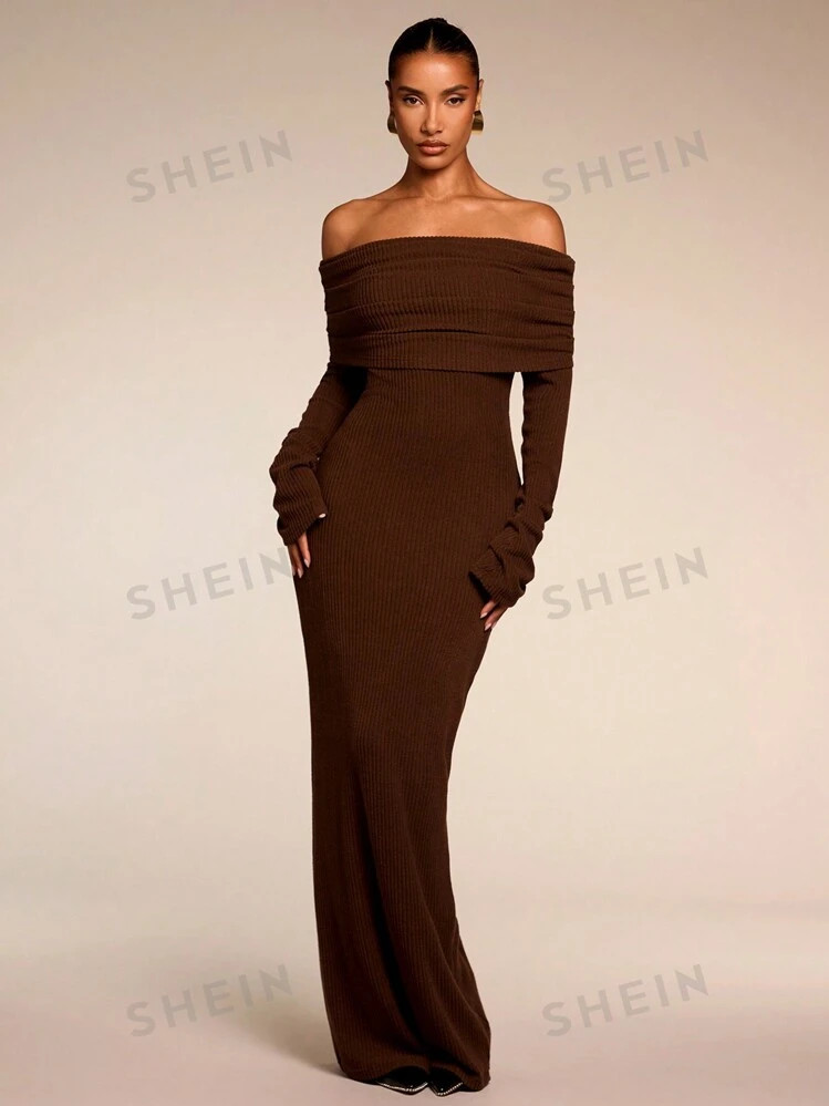 SHEIN BAE Women's Solid Color Off Shoulder Long Sleeve Casual Long Dress,Party Women Outfits,New ... | SHEIN
