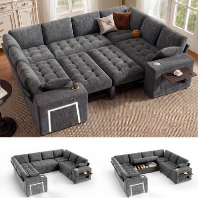 Dyonery 111" U-Shaped Sleeper Sectional Sofa with 2 Pull-Out Beds, USB Ports, Cup Holders, Side Table, LED Light, Gray | Target