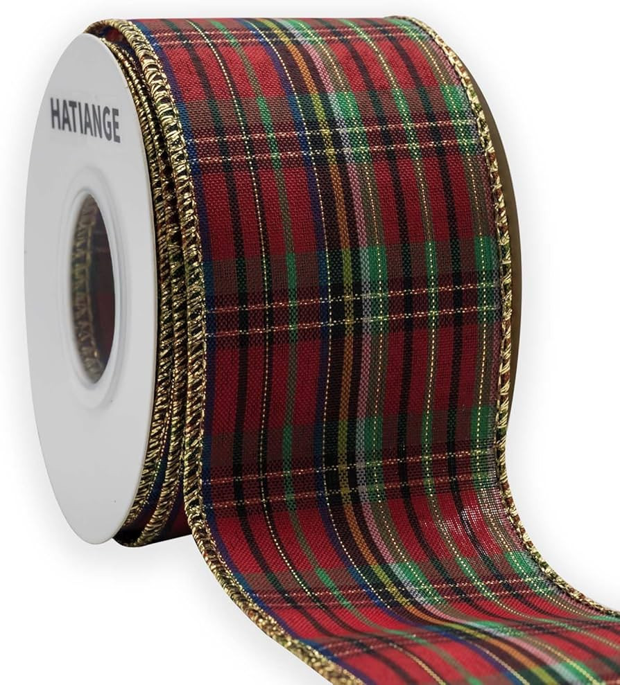 HATIANGE Christmas Wired Edge Plaid Ribbon Red Green Gold Gingham for Christmas Tree Wreath Gift ... | Amazon (US)