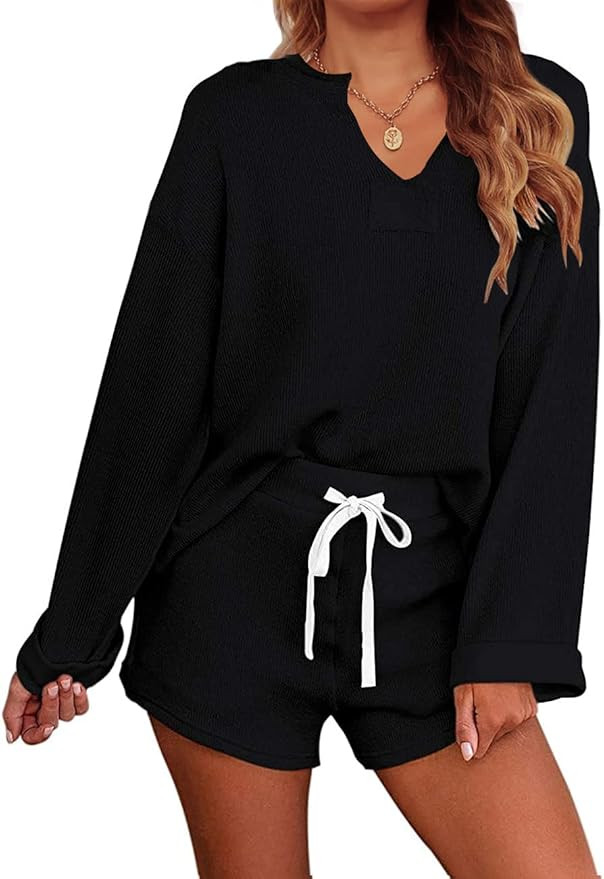 MEROKEETY Women's Long Sleeve Pajama Set Henley Knit Tops and Shorts Sleepwear Loungewear | Amazon (US)
