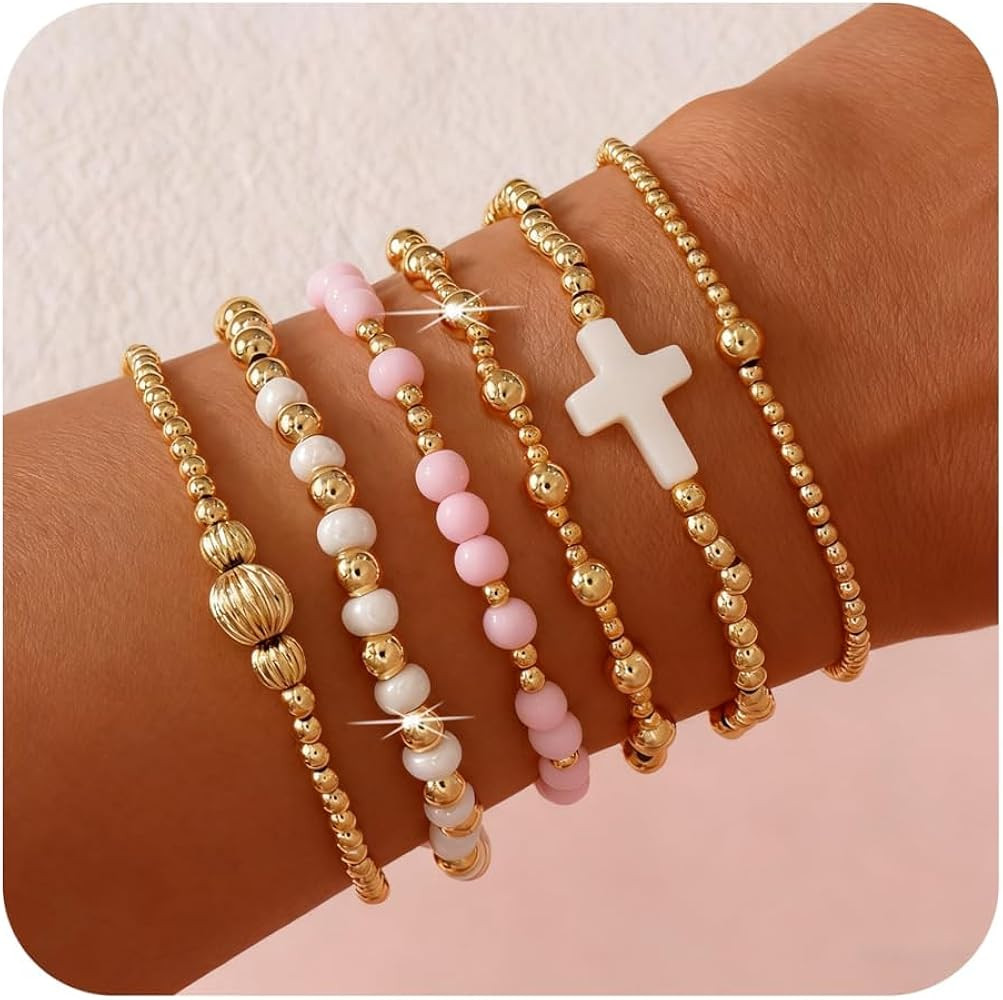 Bohxantium Gold Beaded Bracelets Stack for Women Christmas Stocking Stuffers Stackable 14K Gold P... | Amazon (US)